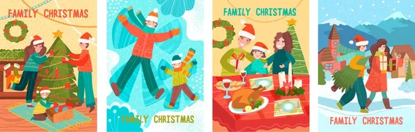 Aranyos új év és karácsony vektor illusztrációk egy szerető boldog család egy téli vakáció — Stock Vector