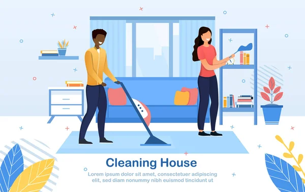 Giovane coppia pulizia casa insieme — Vettoriale Stock