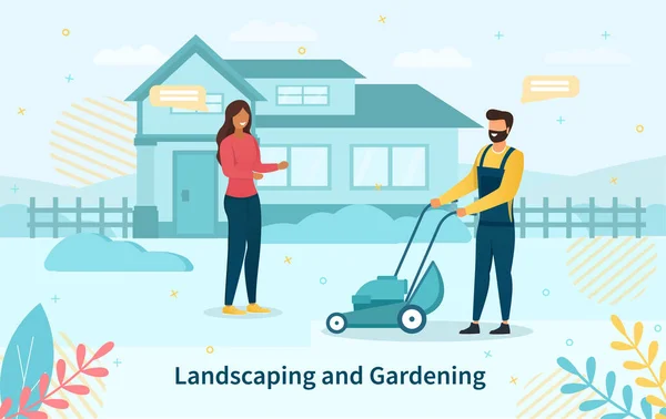 Jovem casal fazendo paisagismo e jardinagem — Vetor de Stock
