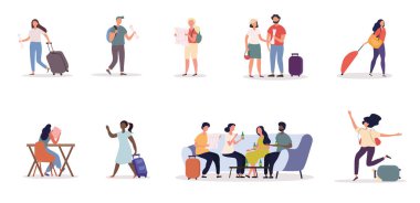 Bavul ve haritalarla seyahat eden bir grup insan.