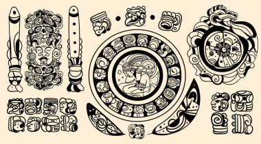 Set of intricate black Mayan tattoo designs clipart