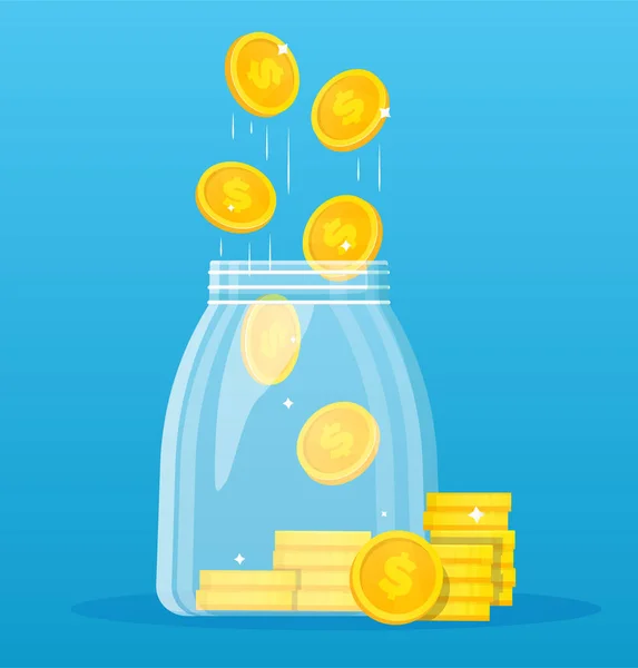 Tarro de vidrio con monedas de oro cayendo sobre azul — Vector de stock