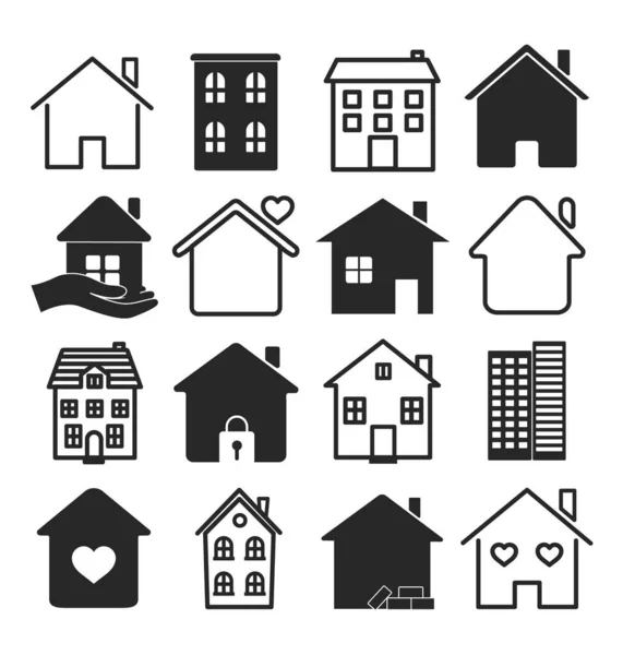 Grand ensemble d'icônes de maison en noir et blanc — Image vectorielle