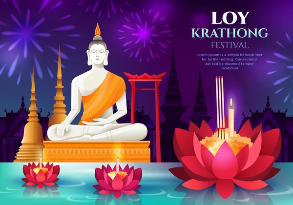 Loy Krathong Plakatentwurf mit Buddha — Stockvektor