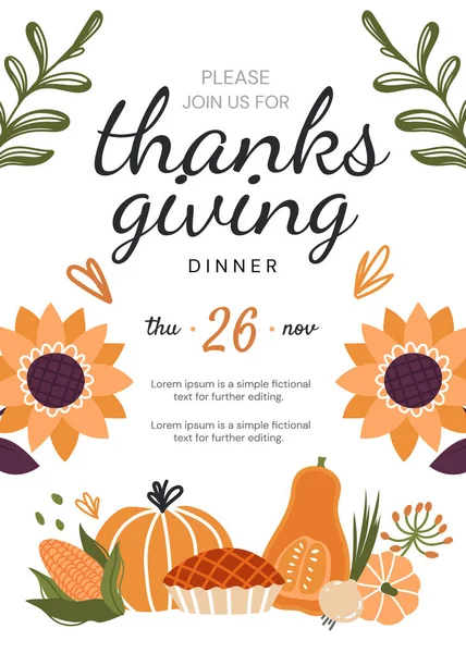 Plantilla o diseño de invitación a la cena de Acción de Gracias — Vector de stock