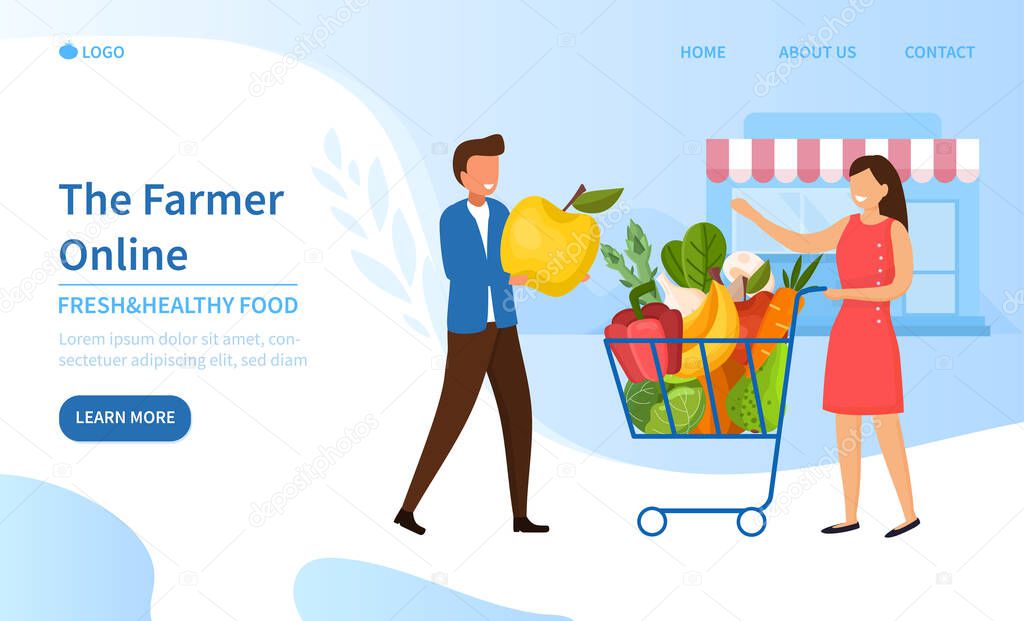 The Farmer Online - Fresh and Healthy Food with a smiling farmer delivering a trolley of fresh vegetables and fruit to a young woman, colored vector illustration