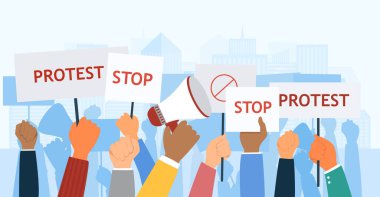 Çeşitli protestocular pankart taşıyorlar.