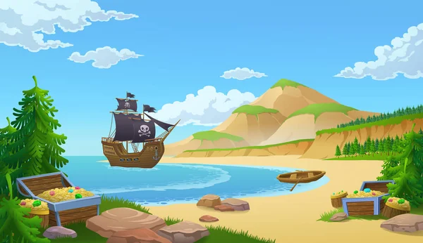 在一个装有宝箱的海湾里的海盗船 — 图库矢量图片
