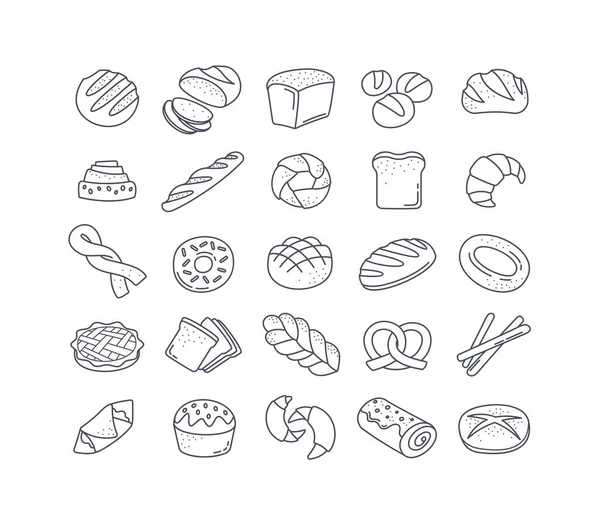 Conjunto grande de 25 iconos de pan blanco y negro — Archivo Imágenes Vectoriales