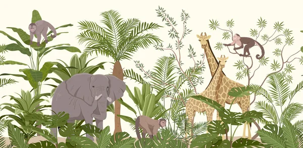 Jungle papier peint animal avec végétation tropicale — Image vectorielle