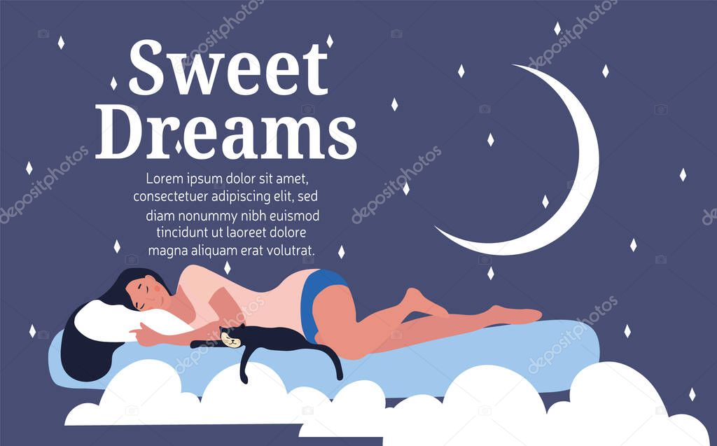 Sweet dreams concept with woman on a cloud