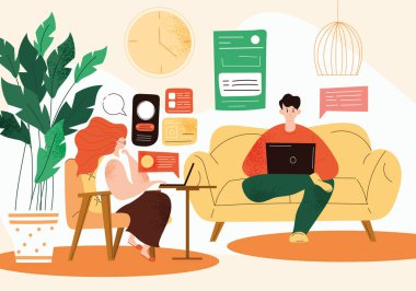 Oturma odasında çalışan çift.