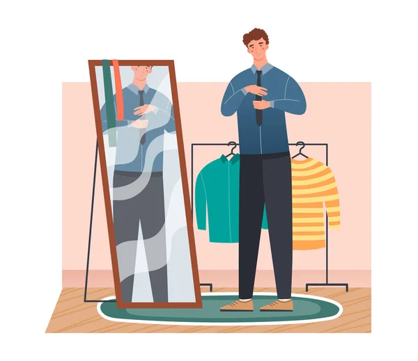 Homme s'habiller devant un miroir — Image vectorielle