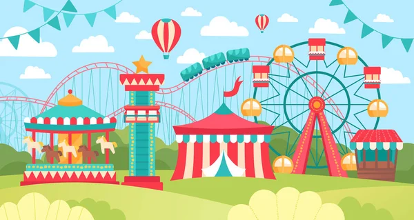 Escena de colores brillantes en un parque de atracciones — Vector de stock