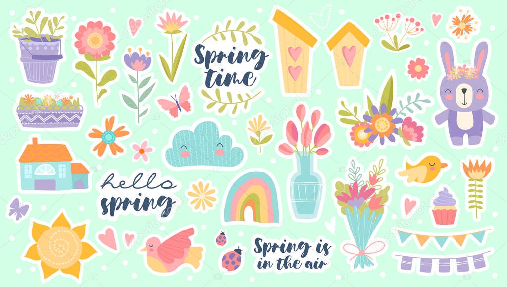 Set of pretty pastel spring icons with flowers