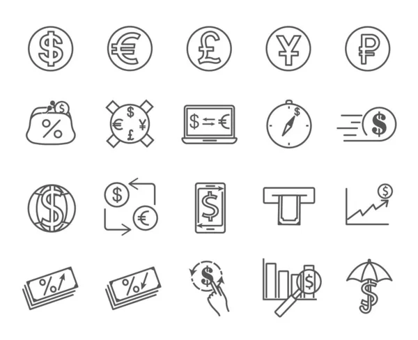 Gran conjunto de 20 iconos de moneda en blanco y negro — Vector de stock