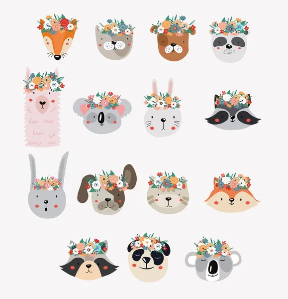 Conjunto de animais de desenhos animados bonitos com coroas de flores —  Vetores de Stock