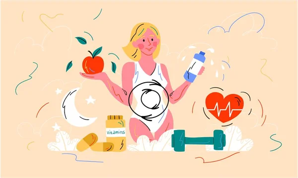Dieta feminina saudável e conceito de metabolismo — Vetor de Stock