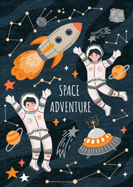 Космический плакат с космонавтами — стоковый вектор