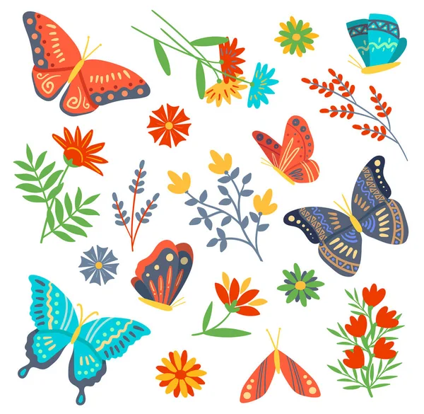 Gran colección de mariposas y flores de jardín — Vector de stock