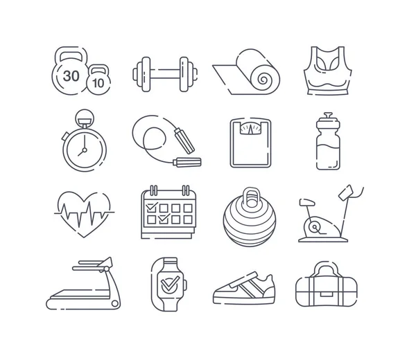 Ensemble de 16 icônes sportives différentes en noir et blanc — Image vectorielle