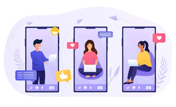 Chatter app avec trois personnes sur les smartphones — Image vectorielle