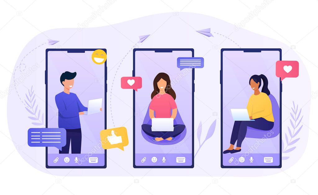 Chatting app with three people on smartphones