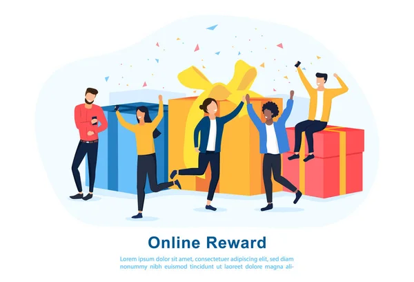 Online-Belohnungskonzept mit Menschen, die sich freuen — Stockvektor