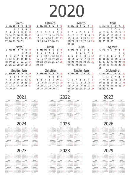 Fechas del calendario por mes hasta 2029 — Archivo Imágenes Vectoriales