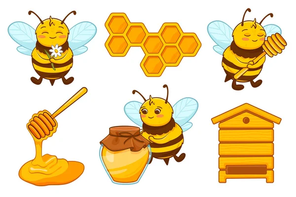 Sechs verschiedene Designs von süßen Bienen und Honig — Stockvektor