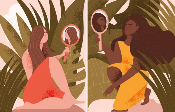 Duas cenas mostrando mulher segurando espelhos na natureza — Vetor de Stock