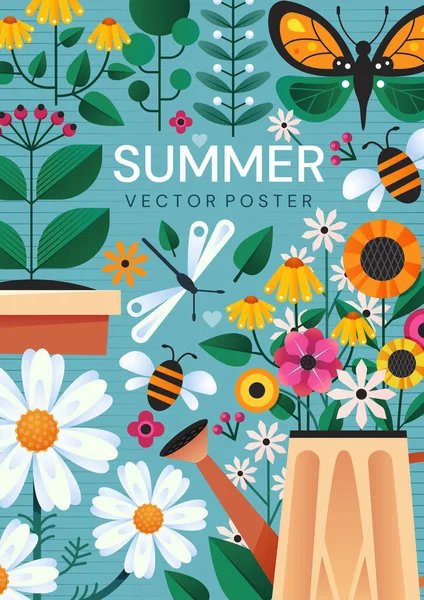 Cartaz de verão com flores de jardim e insetos — Vetor de Stock
