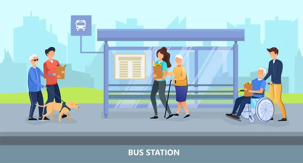 Mladí lidé pomáhají erderly na autobusovém nádraží — Stockový vektor