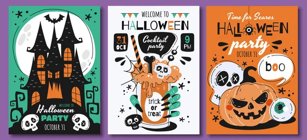 Triplet de desenhos de cartaz assustador Halloween — Vetor de Stock