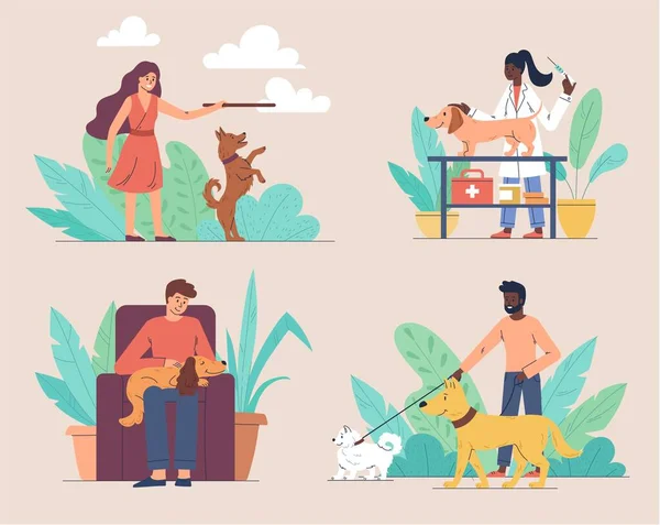 Haustierkonzept mit vier Szenen mit Hunden — Stockvektor