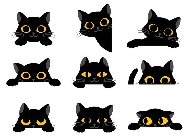 노란 눈을 가진 귀여운 검정 색 만화 고양이 세트 — 스톡 벡터