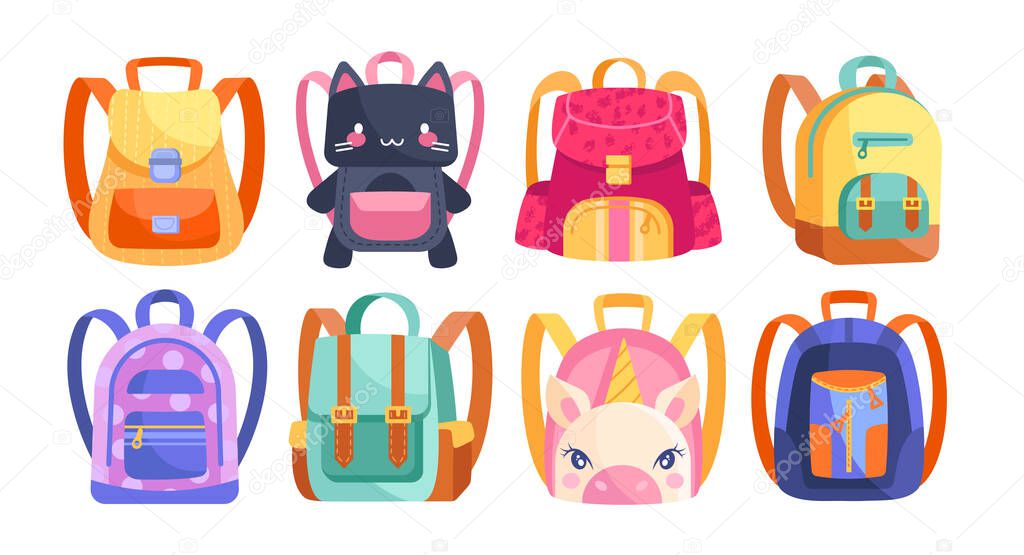 Set of eight different colourful kids backpacks