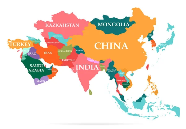 Bunte Karte des asiatischen Kontinents — Stockvektor