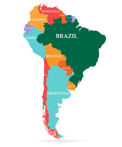 Colorful map of South America continent