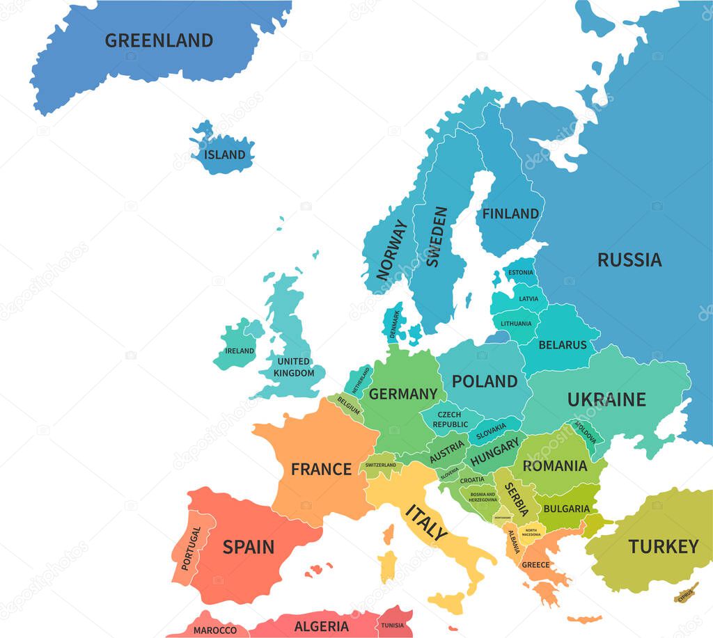 Colorful map of Europe continent