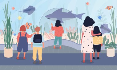 Oceanarium 'daki çocukların vektör illüstrasyonu