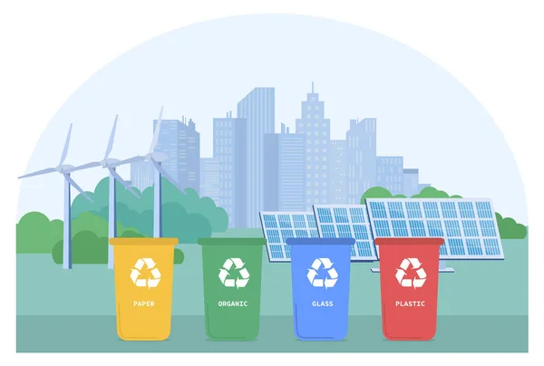 Green city with recycling bins and wind turbines — Stock Vector