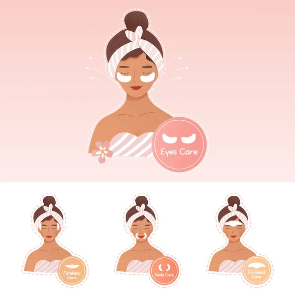 Skincare concept with women using facial patches — Stock Vector