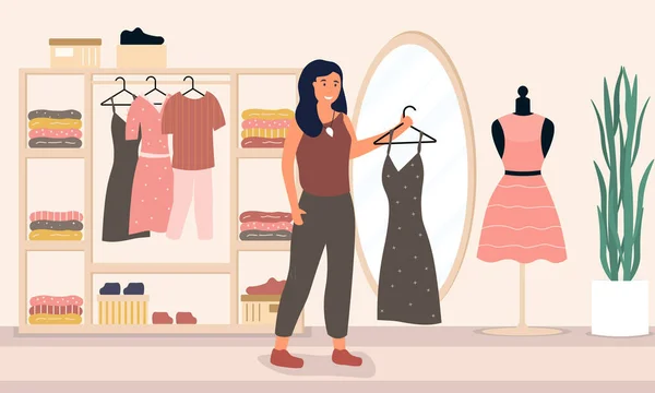 Femme essayant des vêtements dans un magasin de vêtements — Image vectorielle