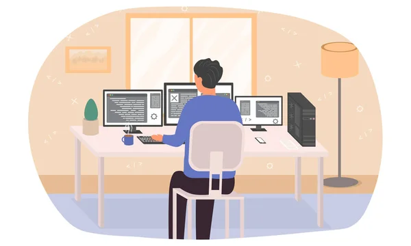 Programmer engaged in computer programming — Stock Vector