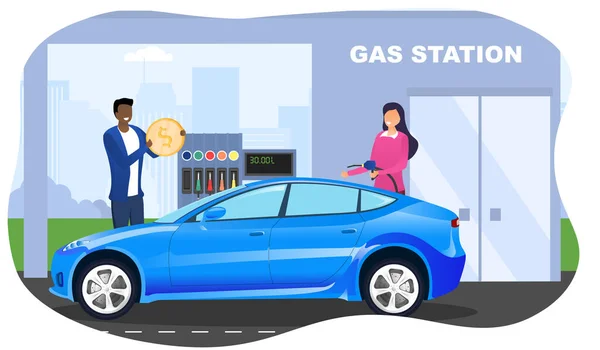 Casal enchendo seu carro em um posto de gasolina — Vetor de Stock