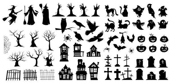 Très grand ensemble de silhouettes noires Halloween — Image vectorielle