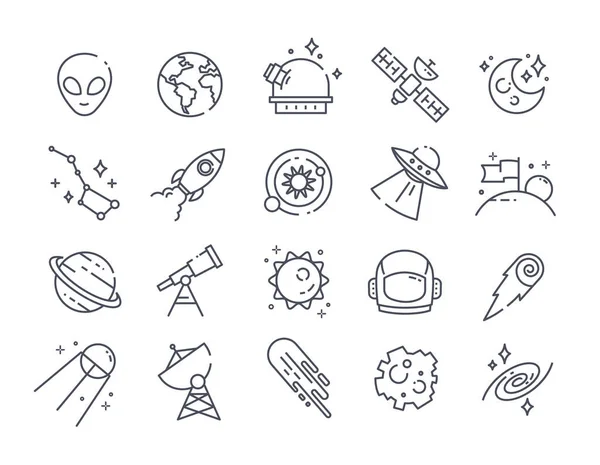 Conjunto de ícones de espaço preto e branco desenhados em linha — Vetor de Stock