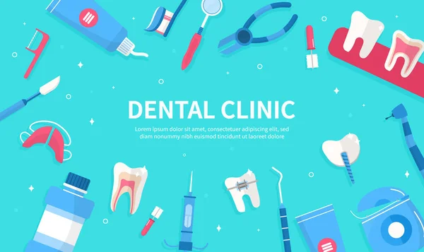 Poster della clinica dentale con bordo di icone — Vettoriale Stock