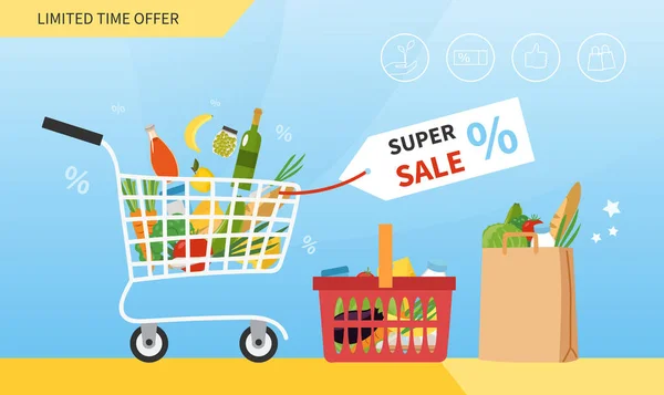 Conceito de venda de supermercado com carrinho cheio de alimentos — Vetor de Stock